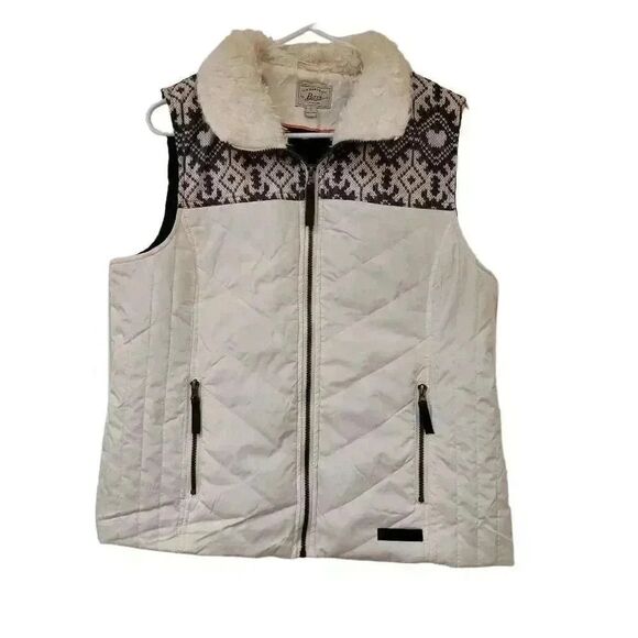 GH Bass Women's Ivory/Gray Poly Full Zip Front Vest w Faux Fur Collar & Zip Clos - Picture 1 of 10